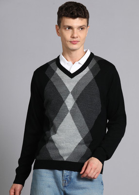 PARK AVENUE Self Design V Neck Casual Men Grey, Black Sweater