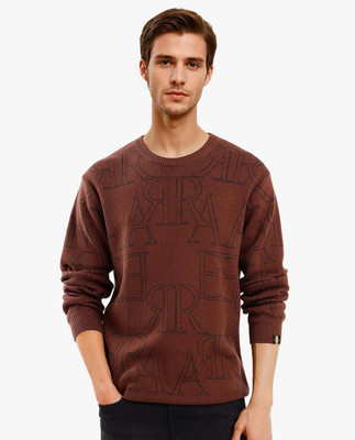 RARE RABBIT Printed Round Neck Casual Men Brown Sweater