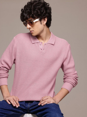 Roadster Self Design High Neck Casual Men Pink Sweater