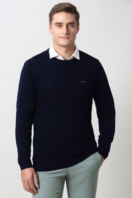 PETER ENGLAND Solid Crew Neck Casual Men Dark Blue Sweater