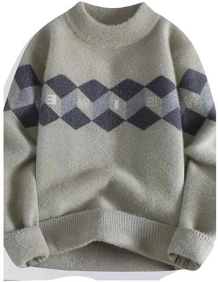 Keenuu Self Design, Printed High Neck Casual Men Grey Sweater