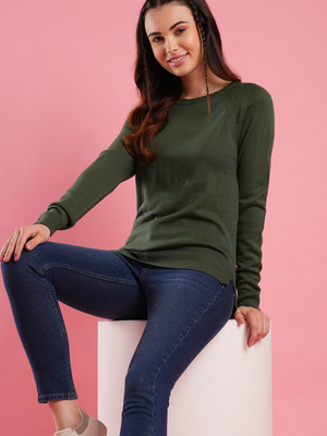 Globus Solid Round Neck Casual Women Green Sweater
