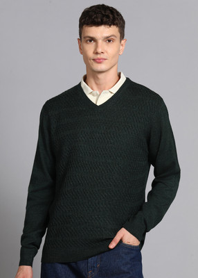 PARK AVENUE Self Design V Neck Casual Men Dark Green Sweater