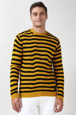 PETER ENGLAND Striped Crew Neck Casual Men Yellow Sweater