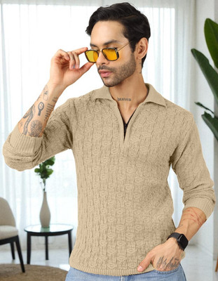 Plus91 Self Design Collared Neck Casual Men Beige Sweater