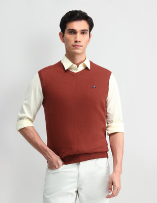 Arrow Sport Self Design V Neck Casual Men Red Sweater