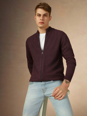 Dennis Lingo Self Design Round Neck Casual Men Purple Sweater