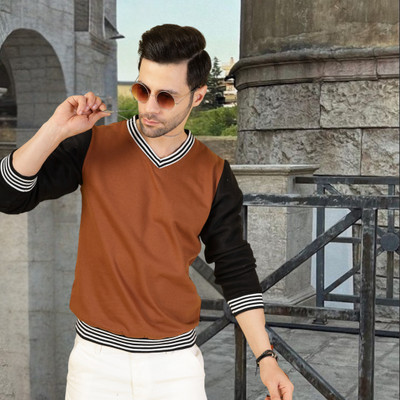 RIGO Colorblock V Neck Casual Men Brown, Black Sweater