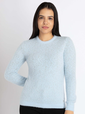 Status Quo Solid Round Neck Casual Women Light Blue Sweater