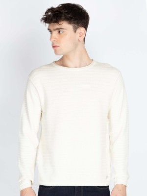 Status Quo Solid Round Neck Casual Men White Sweater