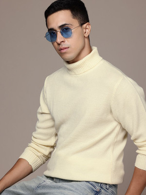 Roadster Solid Turtle Neck Casual Men White Sweater