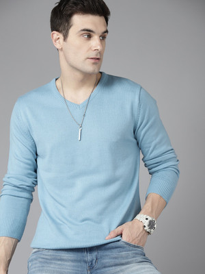 Roadster Solid V Neck Casual Men Blue Sweater