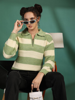 Roadster Colorblock Collared Neck Casual Women Green Sweater