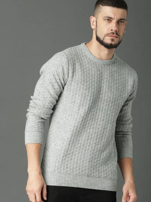 Roadster Self Design Round Neck Casual Men Grey Sweater