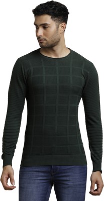 TURTLE Checkered Round Neck Casual Men Green Sweater