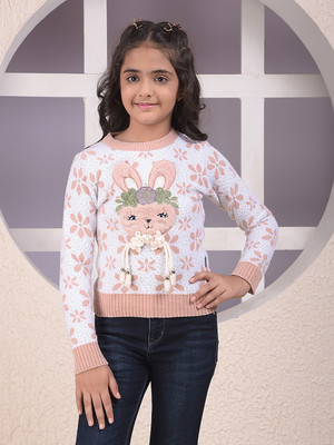 CRIMSOUNE CLUB Self Design Round Neck Casual Girls Pink Sweater