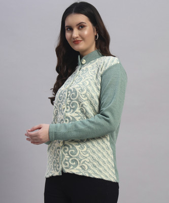 QUIN FLETCHER Printed Mandarin Neck Casual Women Light Green Sweater
