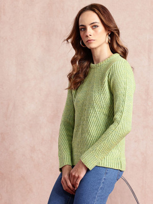 all about you Self Design Round Neck Casual Women Green Sweater