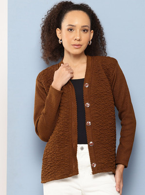 METRONAUT Solid V Neck Casual Women Brown Sweater
