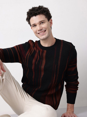 Mast & Harbour Striped, Self Design Round Neck Casual Men Black, Brown Sweater