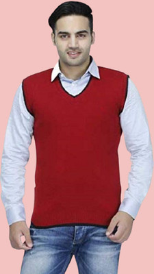 GAINELL Self Design V Neck Casual Men Maroon Sweater