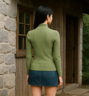 SKG Self Design High Neck Casual Women Light Green Sweater