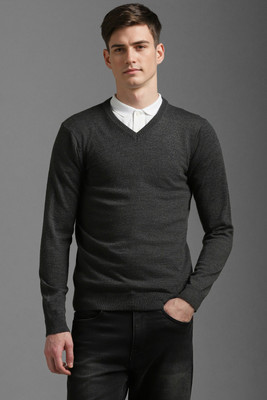 LOUIS PHILIPPE Self Design V Neck Casual Men Grey Sweater