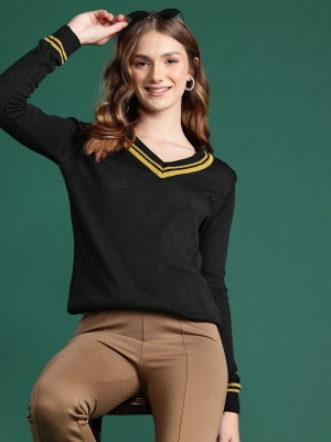 Dressberry Solid V Neck Casual Women Black, Yellow Sweater