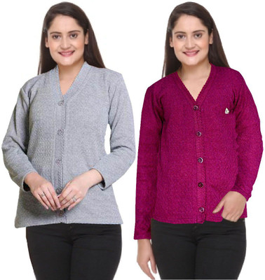 Shunit creation Self Design Round Neck Lounge Wear Women Purple Sweater