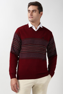 PETER ENGLAND Striped V Neck Casual Men Maroon Sweater