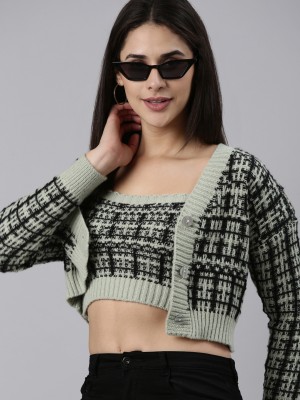 Showoff Checkered V Neck Casual Women Black, Light Green Sweater