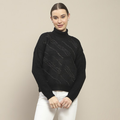MADAME Self Design Turtle Neck Casual Women Black Sweater