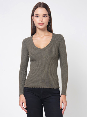 KALT Self Design V Neck Casual Women Light Green Sweater