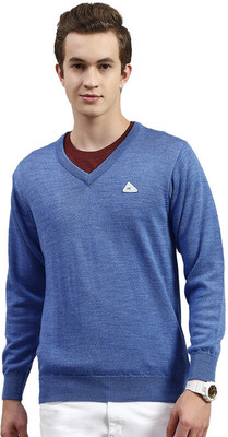 MONTE CARLO Self Design V Neck Casual Men Blue Sweater
