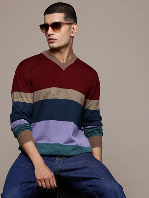 Roadster Striped V Neck Casual Men Multicolor Sweater