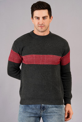 AXOLOTL Striped Crew Neck Casual Men Grey Sweater