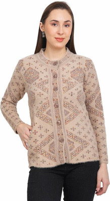 HITTIKA Self Design, Woven Round Neck Casual Women Brown Sweater