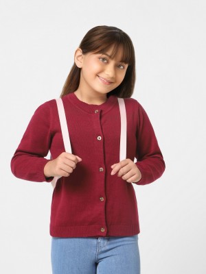 Kids Only Solid Round Neck Casual Girls Maroon Sweater