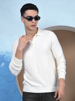 CRIMSOUNE CLUB Self Design Collared Neck Casual Men White Sweater