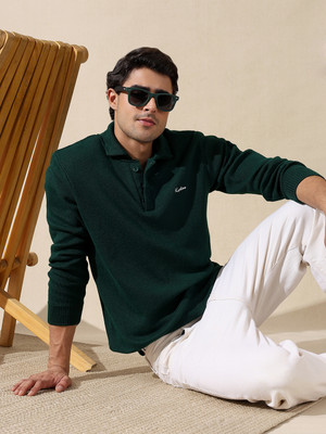 KVETOO Self Design Collared Neck Casual Men Dark Green Sweater