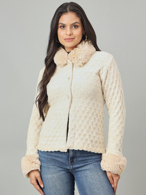 DUKE Self Design Collared Neck Casual Women Beige Sweater