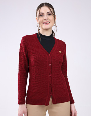 MONTE CARLO Self Design V Neck Casual Women Maroon Sweater