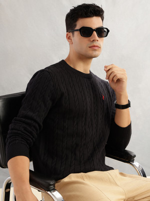 Thomas Scott Woven Round Neck Casual Men Black Sweater
