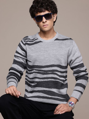 Roadster Striped Round Neck Casual Men Grey Sweater