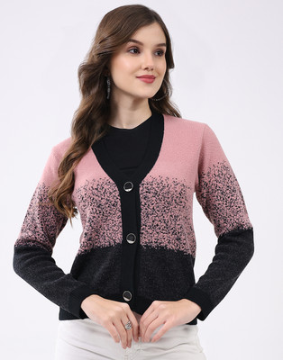 MONTE CARLO Self Design V Neck Casual Women Black, Pink Sweater