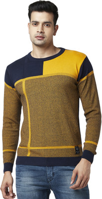 PEOPLE Colorblock Round Neck Casual Men Yellow Sweater