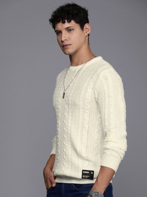 WROGN Self Design Round Neck Casual Men White Sweater