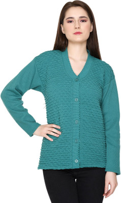 HouseOfCommon Self Design V Neck Casual Women Light Blue Sweater