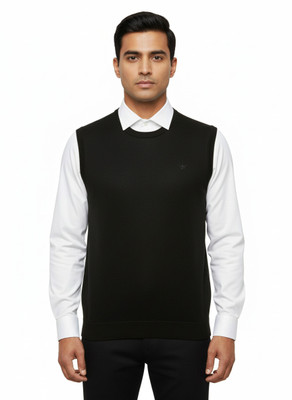 VOMAZO Solid Round Neck Formal Men Black Sweater