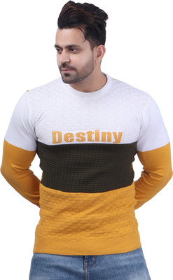FEVERFEW Self Design Round Neck Casual Men Yellow Sweater